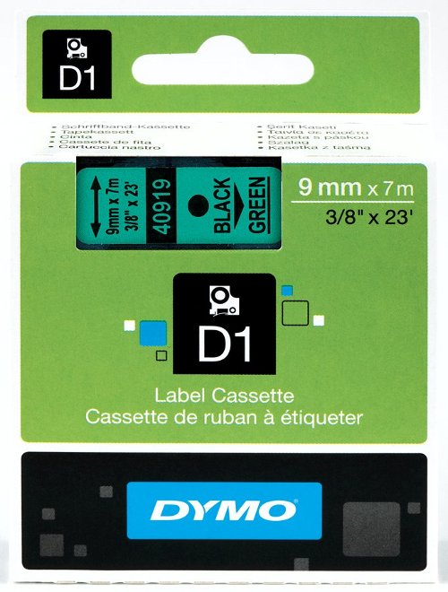 Dymo S0720740 D1 40919 Tape 9mm x 7m Black on Green