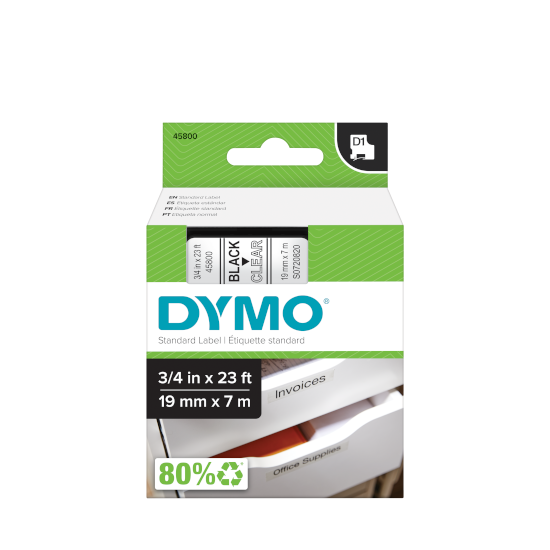 Dymo S0720820 D1 45800 Tape 19mm x 7m Black on Clear