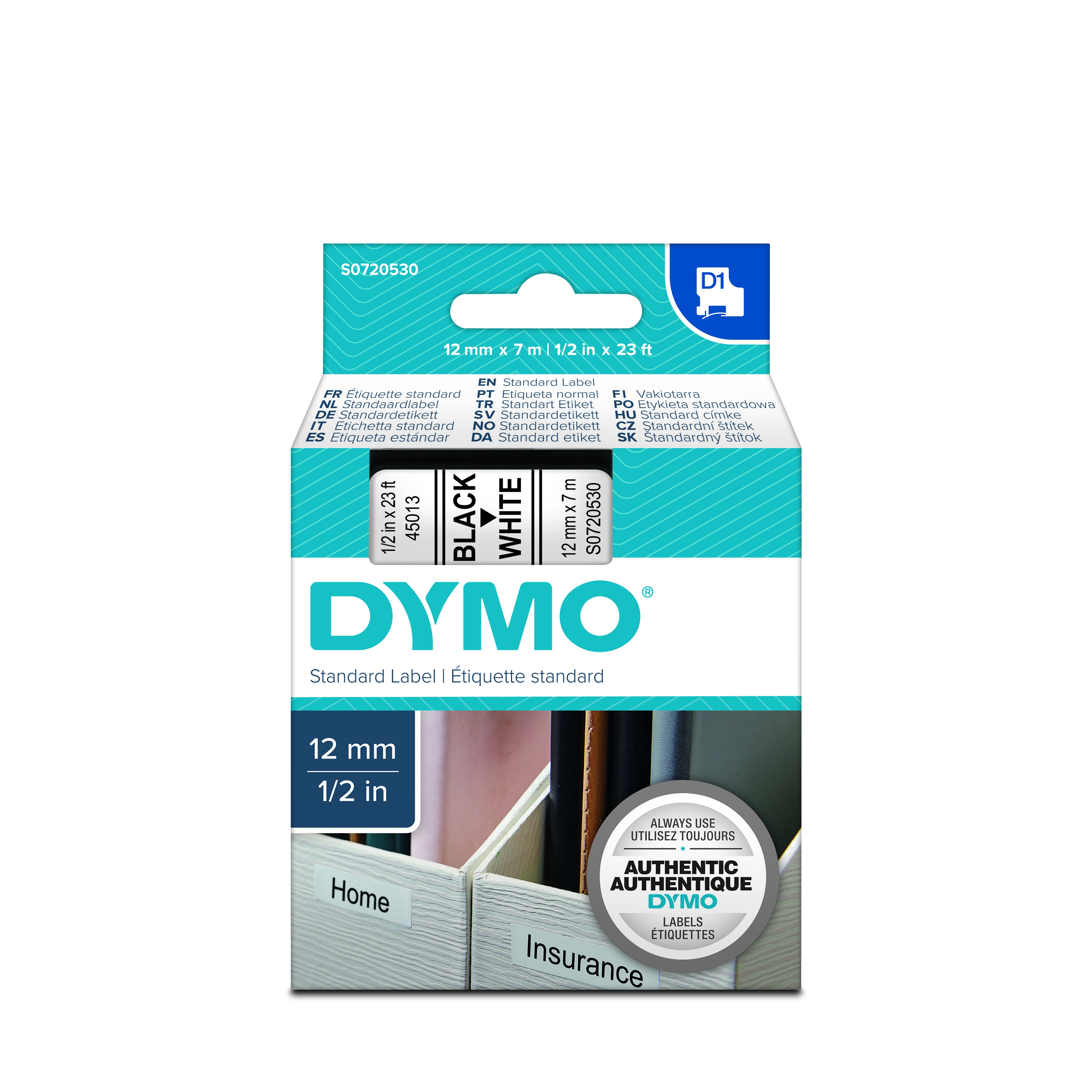 Dymo S0720530 D1 45013 Tape 12mm x 7m Black on White