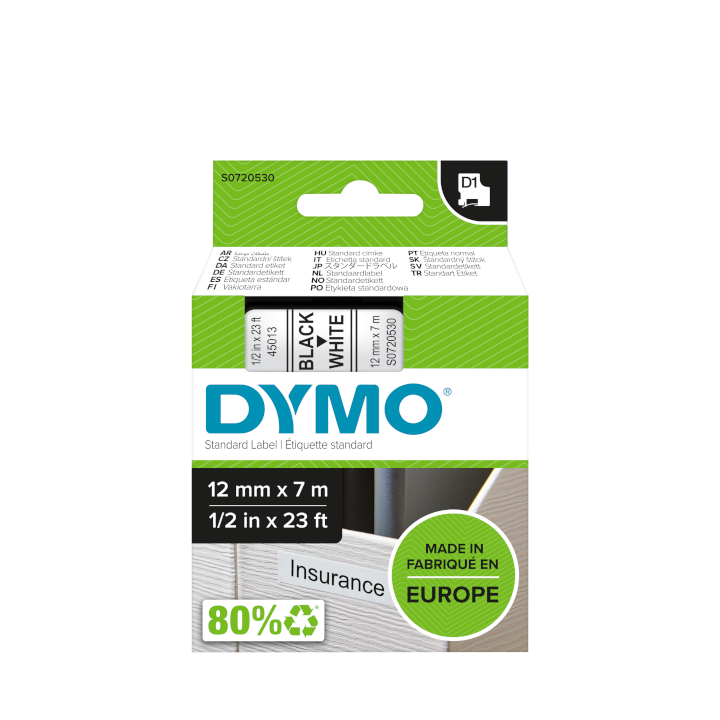 Dymo 45013 D1 Tape 12mm x 7m zwart op wit