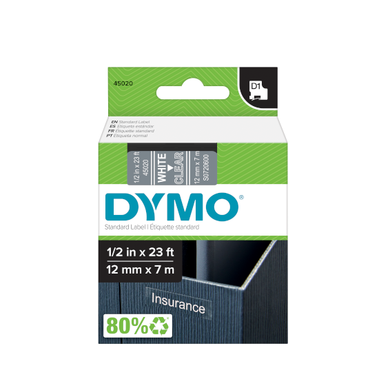 Dymo 45020 D1 Tape 12mm x 7m white on Transparent Dymo 45020 D1 Tape 12mm x 7m white on Transparent