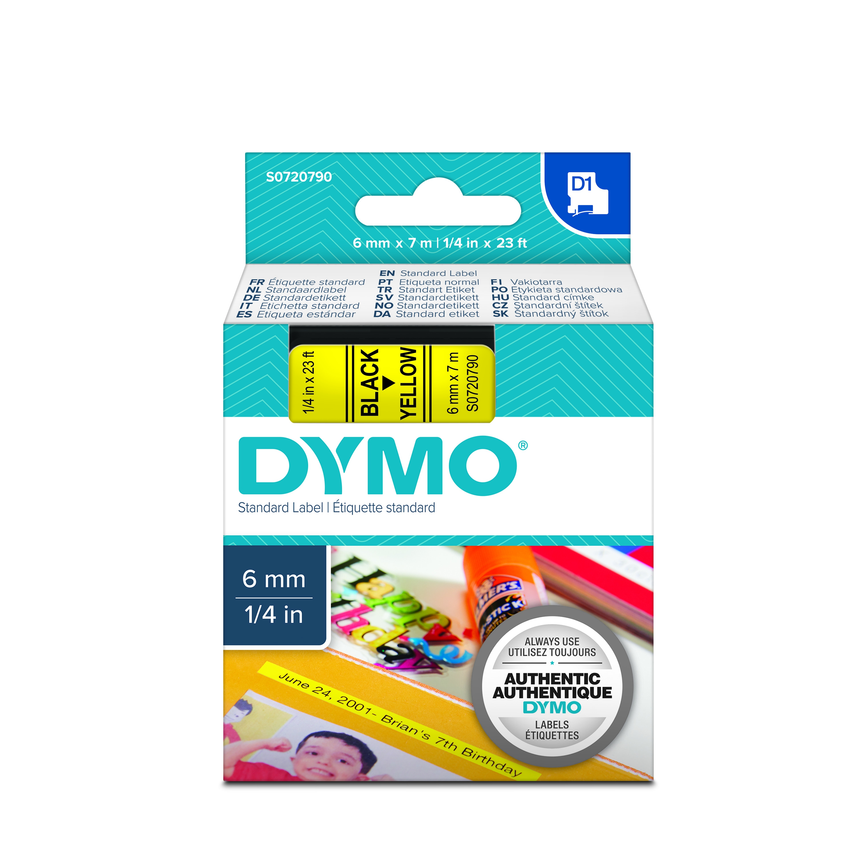 Dymo S0720790 D1 43618 Tape 6mm x 7m Black on Yellow 