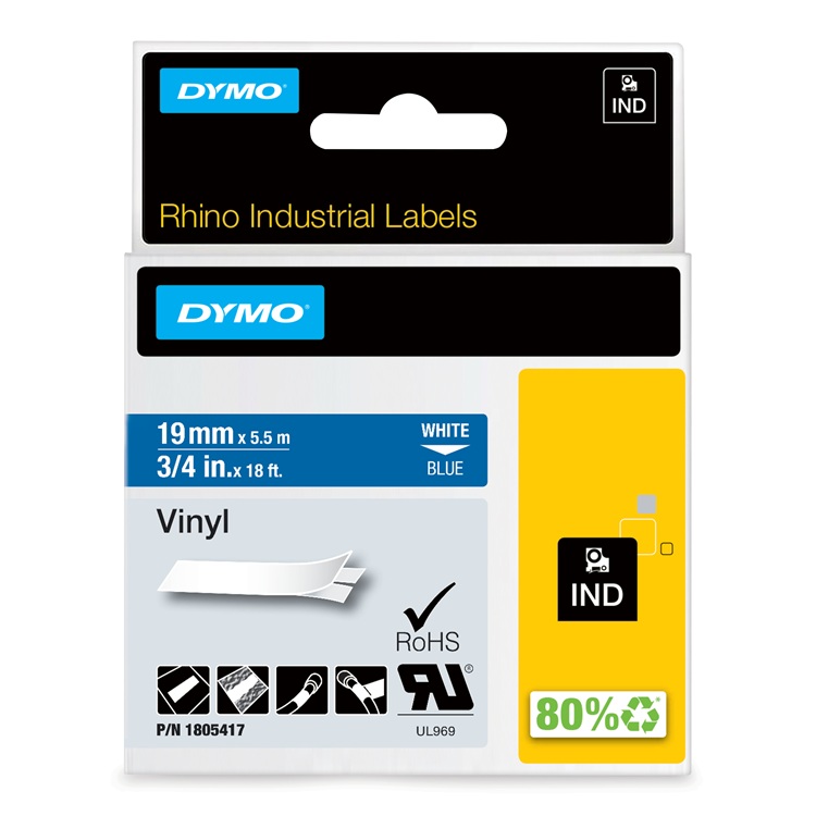 Dymo RHINO 1805417 vinyl wit op blauw 19mm