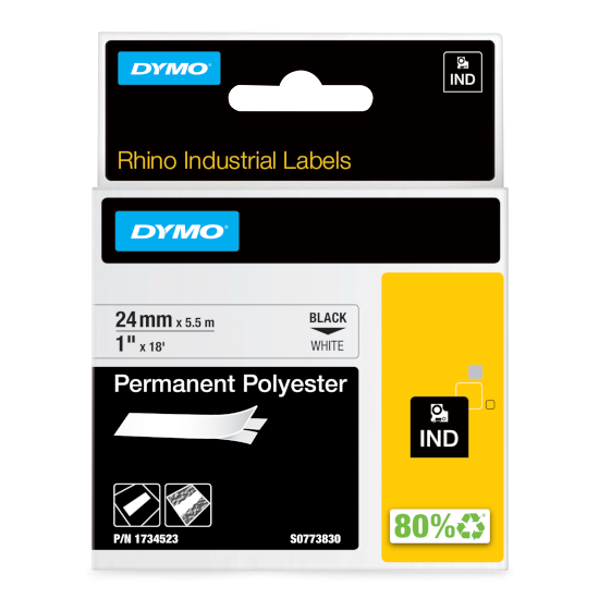 Dymo RHINO 1734523 permanent polyester black on white 24mm