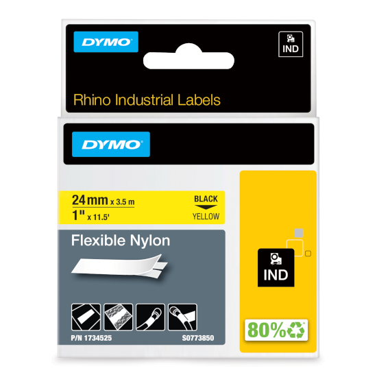Dymo 1734525 RHINO flexible nylon black on yellow 24mm Dymo 1734525 RHINO flexible nylon black on yellow 24mm