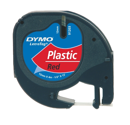 Dymo 91203 LetraTag plastic tape black on red 12mm