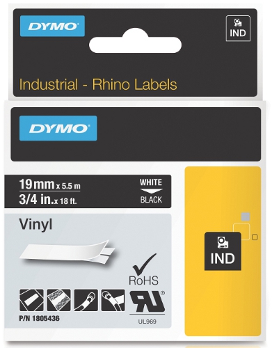 Dymo RHINO 1805436 vinyl white on black 19mm