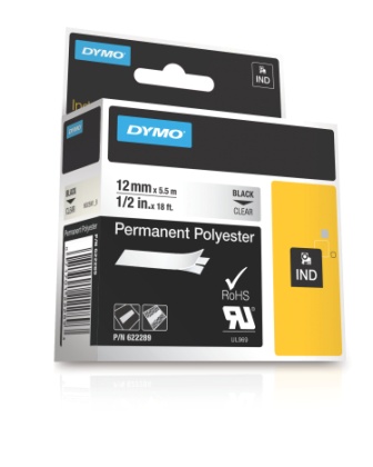 Dymo RHINO 622289 permanent polyester 12mm black on clear