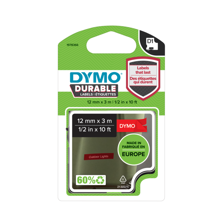 Dymo 1978366 Durable D1 tape white on red