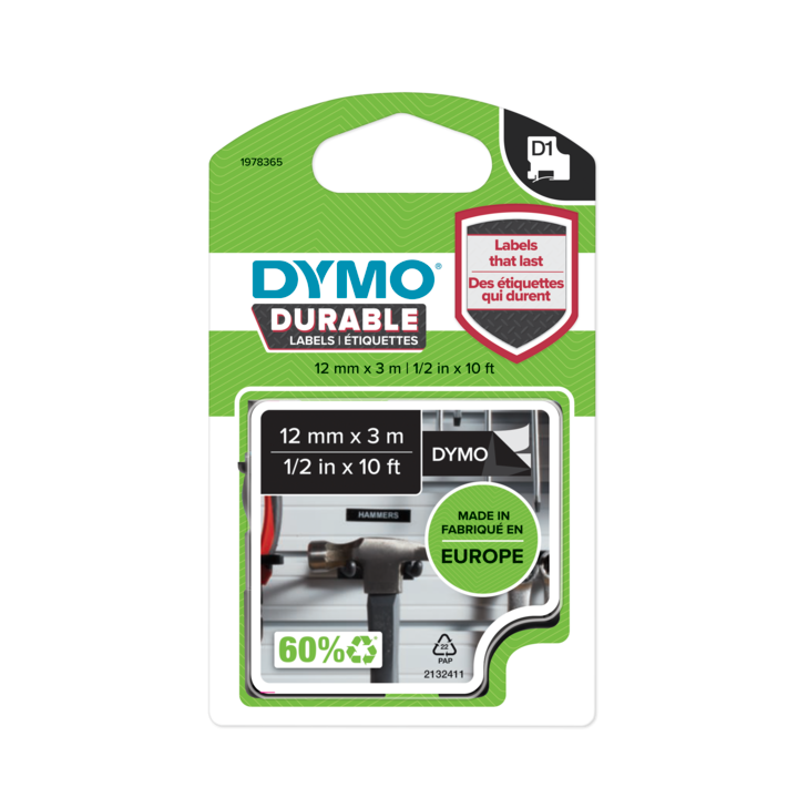 Dymo 1978365 Durable D1 tape white on black