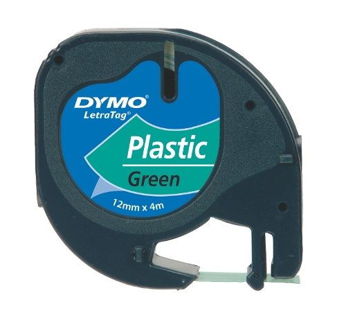 Dymo 91204 LetraTag plastic tape black on green 12mm