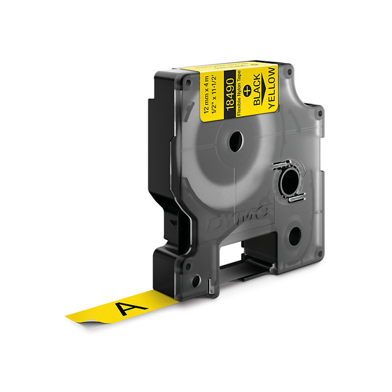 Dymo 18490 RHINO flexible nylon tape black on yellow 12mm Dymo 18490 RHINO flexible nylon tape black on yellow 12mm