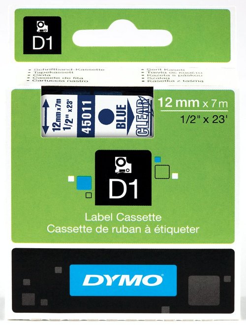 Dymo S0720510 D1 45011 Tape 12mm x 7m Blue on Clear