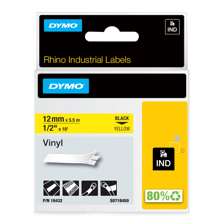 Dymo 18432 RHINO vinyl black on yellow 12mm