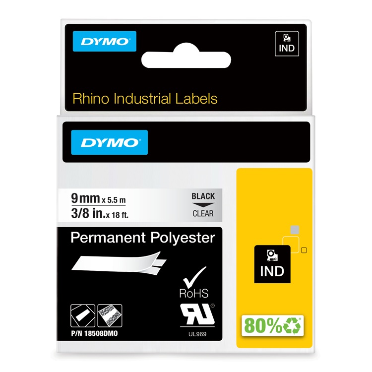 Dymo RHINO 18508 permanent polyester black on clear 9mm - EOL Dymo RHINO 18508 permanent polyester black on clear 9mm - EOL