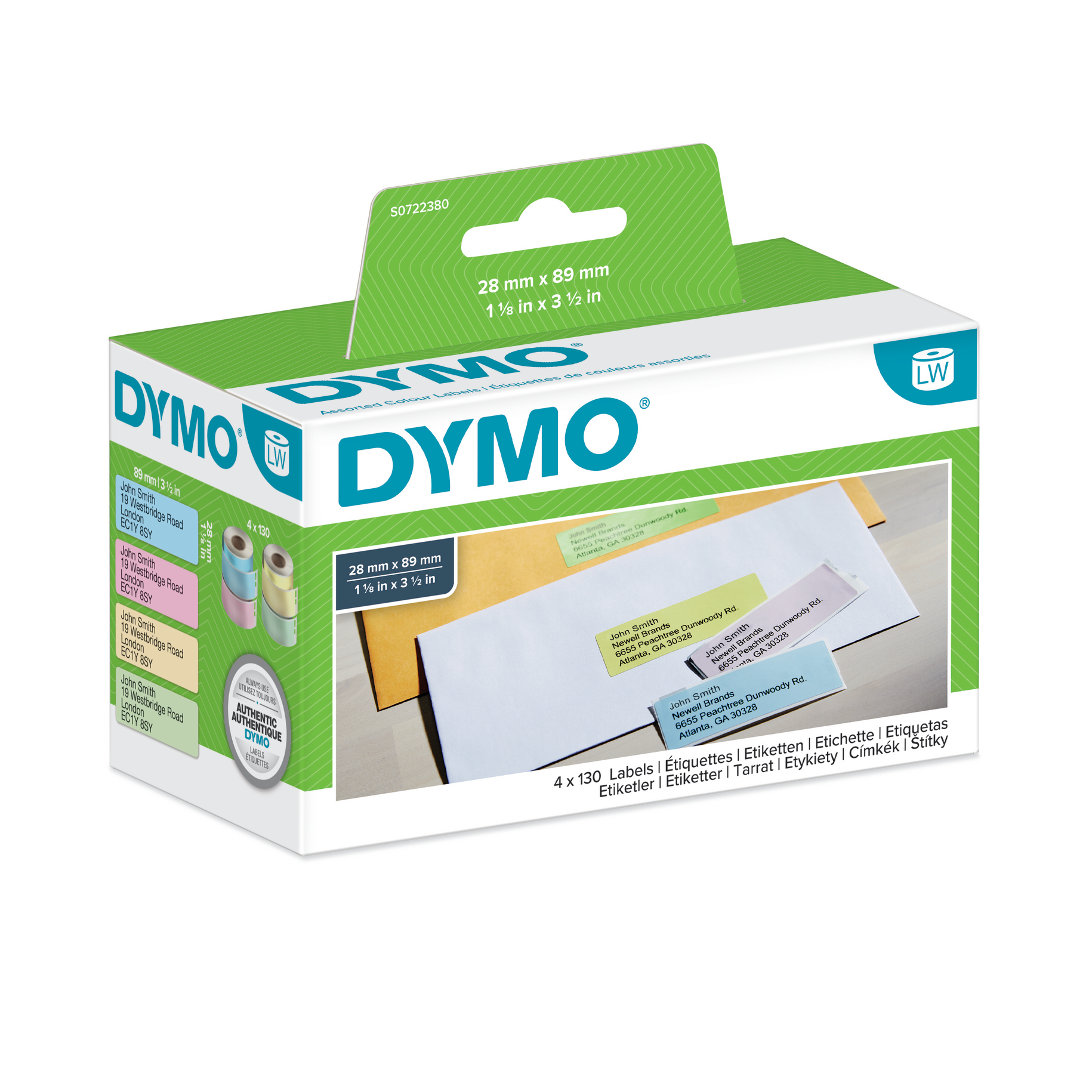 Dymo 99011 Standard Address Labels 28x89mm in 4 Assorted Colours - EOL