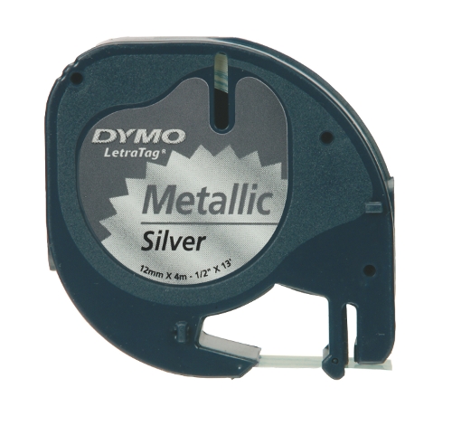 Dymo 91208 LetraTag plastic tape black on metallic grey 12mm