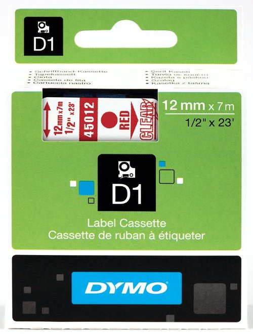 Dymo S0720520 D1 45012 Tape 12mm x 7m Red on Clear - EOL