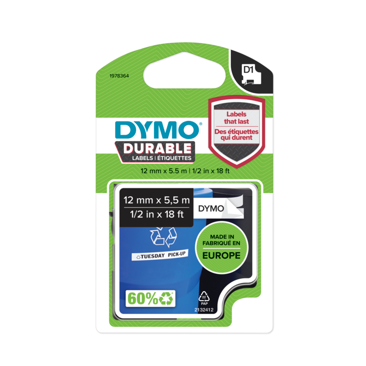 Dymo 1978364 Ruban D1 durable noir sur blanc