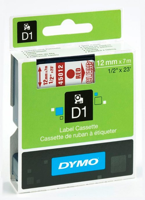 Dymo S0720520 D1 45012 Tape 12mm x 7m Red on Clear - EOL