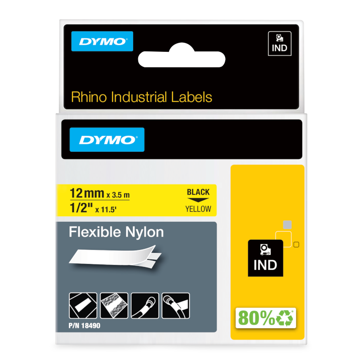 Dymo 18490 RHINO flexible nylon tape black on yellow 12mm