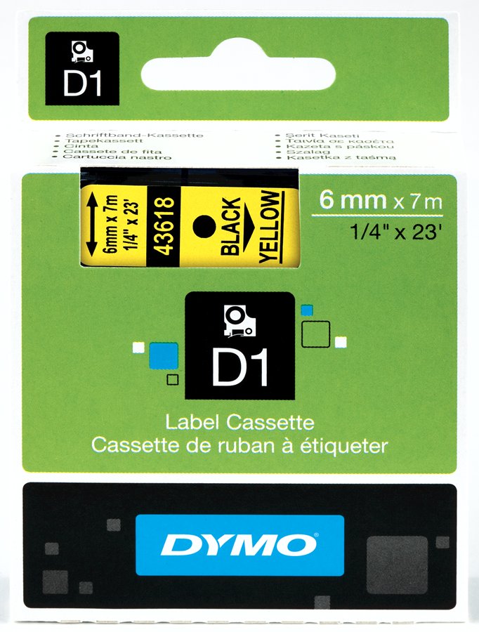 Dymo S0720790 D1 43618 Tape 6mm x 7m Black on Yellow 