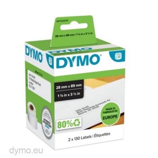 ORIGINALE DYMO Etichette Bianco S0722370 99010 bianche etichette per  l'idirizzio, 89x28mm, 2x130 mod. S0722370 99010 EAN 5411313990103 17854 Dymo