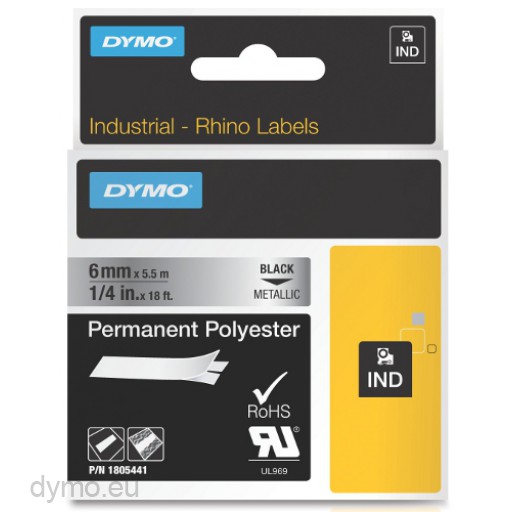 Dymo RHINO 1805441 permanent polyester black on metallic 6mm - EOL