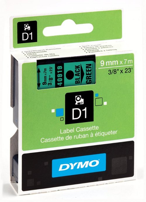 Dymo S0720740 D1 40919 Tape 9mm x 7m Black on Green