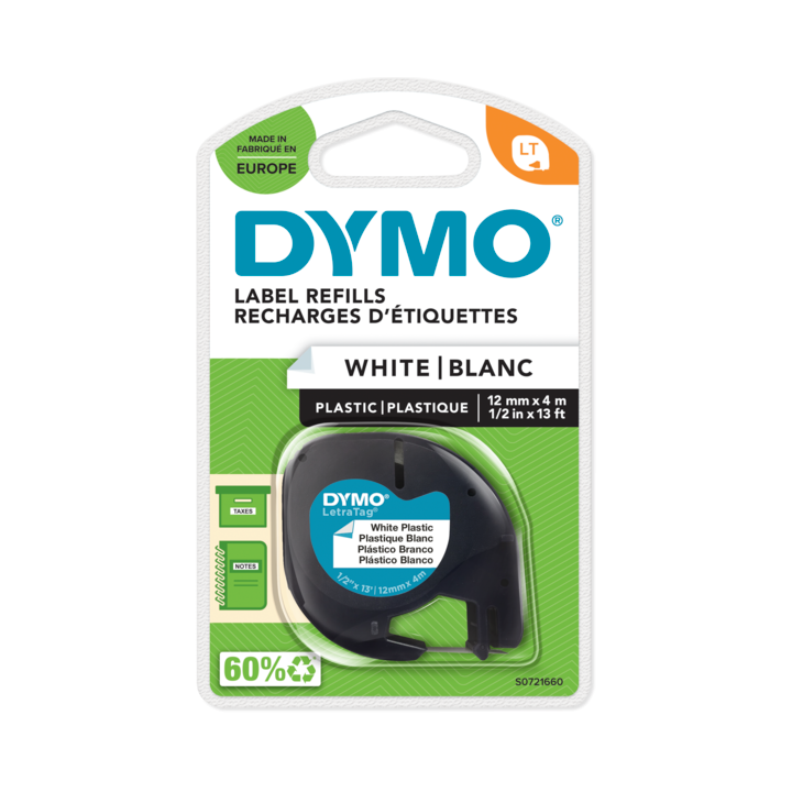 Dymo LetraTag plastic tape black on pearl white 12mm