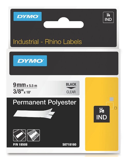 Dymo RHINO 18508 permanent polyester black on clear 9mm - EOL