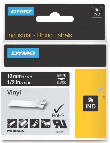 Dymo RHINO 1805435 vinyl white on black 12mm