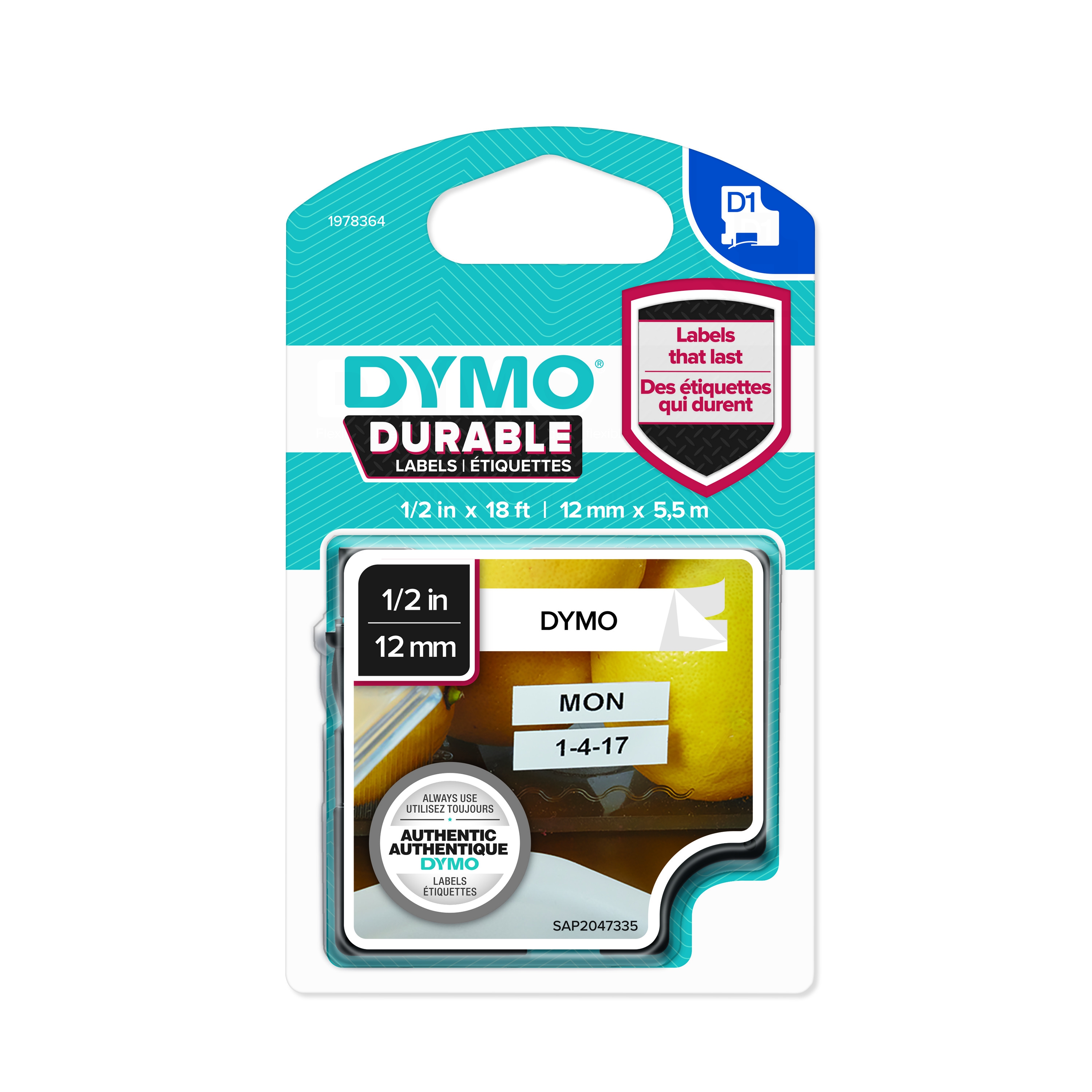 Dymo 1978364 durable D1 tape black on white 12mm 1978364-dymo-d1-durable