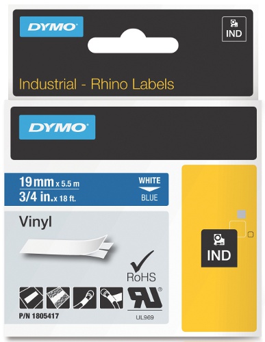 Dymo RHINO 1805417 vinyl white on blue 19mm