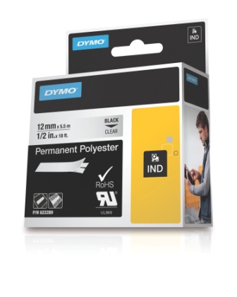 Dymo RHINO 622289 permanent polyester 12mm black on clear