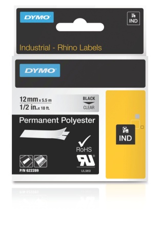 Dymo RHINO 622289 permanent polyester 12mm black on clear