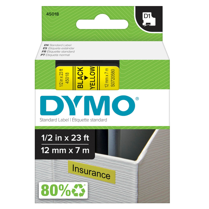 Dymo 45018 D1 Tape 12mm x 7m black on yellow Dymo 45018 D1 Tape 12mm x 7m black on yellow