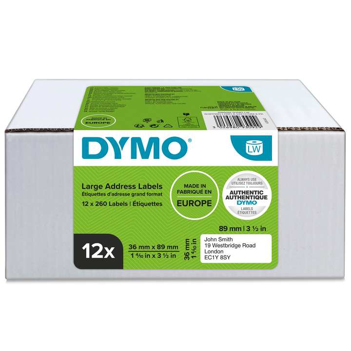 Dymo 2093093 12-pack LW labels 99012, 36x89mm white, paper, permanent adhesive