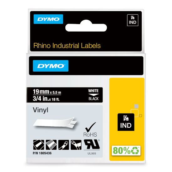 Dymo RHINO 1805436 vinyl white on black 19mm