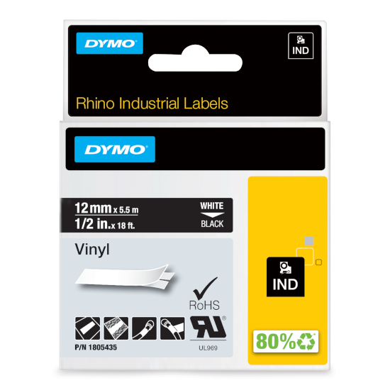 Dymo RHINO 1805435 vinyl white on black 12mm